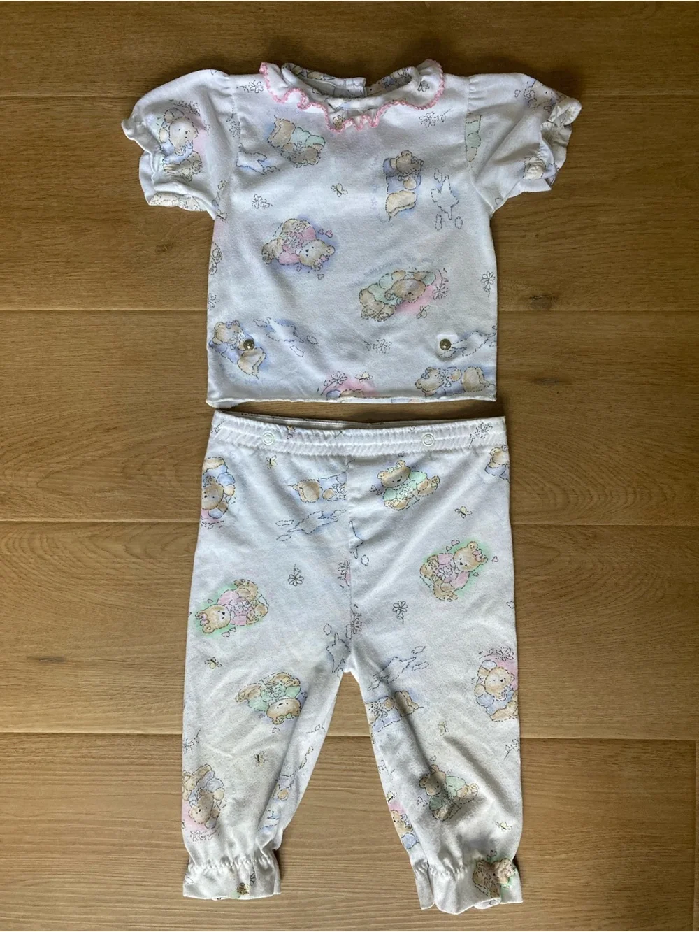 Vintage Carter's White Pajama Set with Pastel Bear Print and Pink Trim